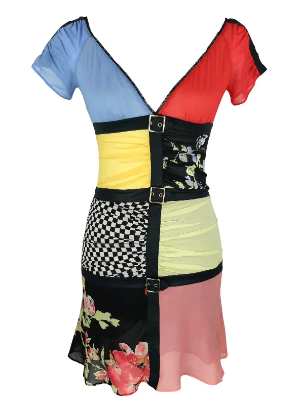 Vintage 2000s Y2K Rocco Barocco Designer Silk Mondrian Style Mod Avant-Garde Colourblock Checkered & Floral Patchwork V-Neck Short Sleeve Above-the-Knee Mini Dress with Buckle Details | Size S Cozy Knit Mini Dress