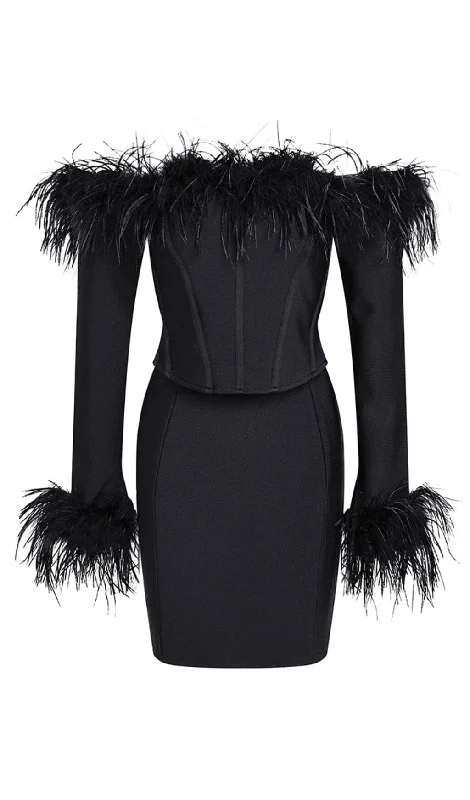 FEATHER CORSET MINI DRESS IN BLACK Cozy Ruched Mini Dress