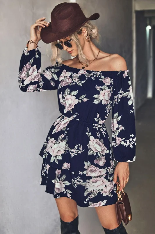 Floral Off-Shoulder Layered Mini Dress Trendy Wraparound Mini Dress