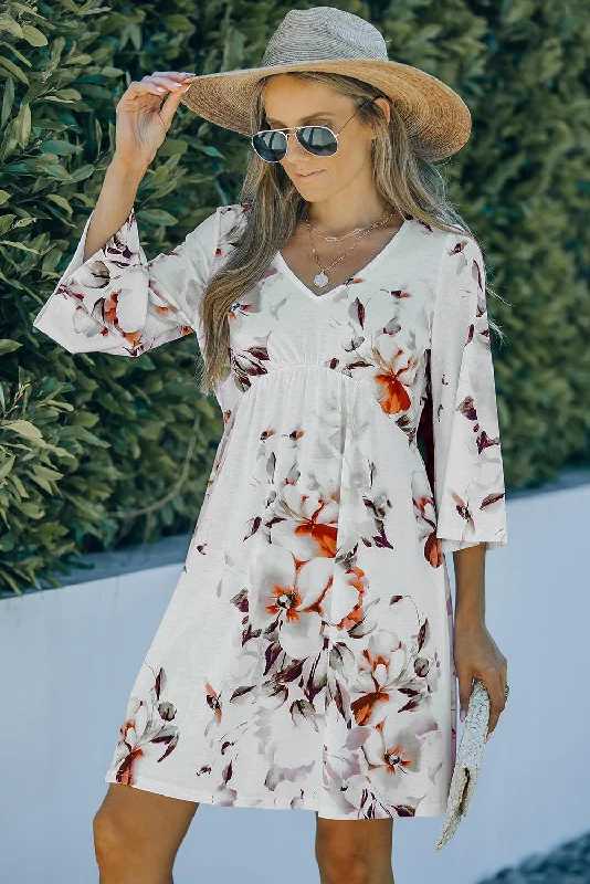 Floral V-Neck Three-Quarter Sleeve Mini Dress Comfortable One-Shoulder Mini Dress