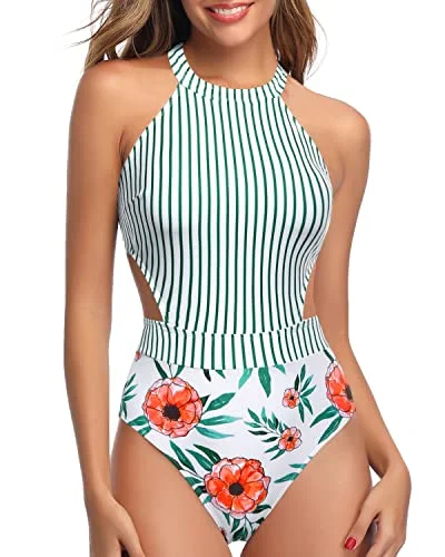 High Neck One Piece Swimsuit Cut Out Swimming Suit Women-White Floral Comfortable Swim Shorts High Neck One Piece Swimsuit Cut Out Swimming Suit Women-White Floral Comfortable Swim Shorts