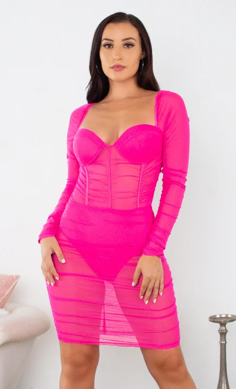 I Told You So Fuchsia Pink Sheer Mesh Ruched Long Sleeve Puff Shoulder Sweetheart Neck Bustier Bodycon Mini Dress - 2 Colors Available Trendy Floral Mini Dress