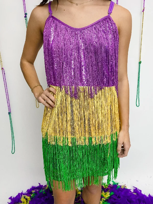 Mardi Gras Sequin Fringe Mini Dress Trendy Denim Mini Dress