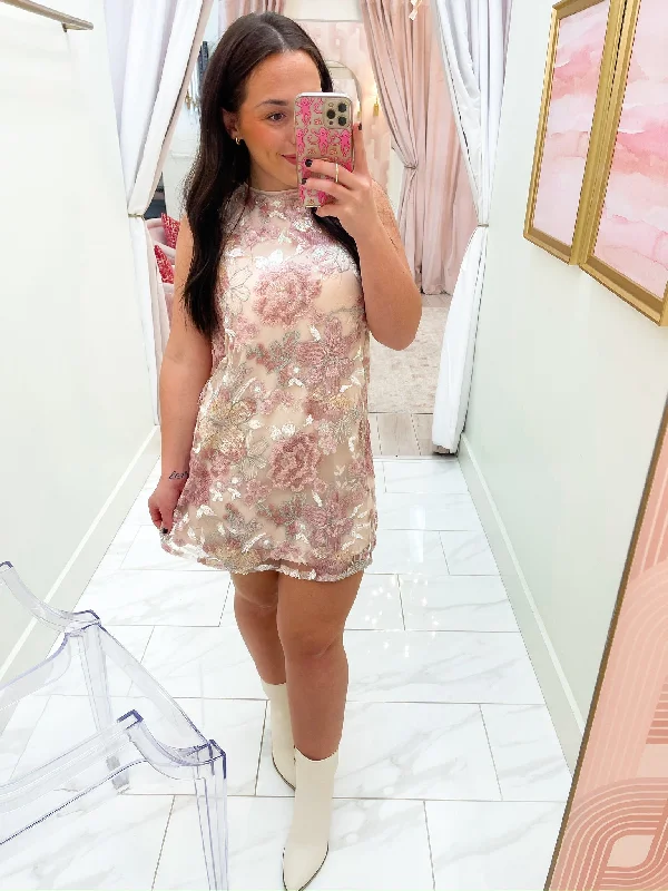 Soft Floral Sequin Mini Dress Casual High-Waist Mini Dress