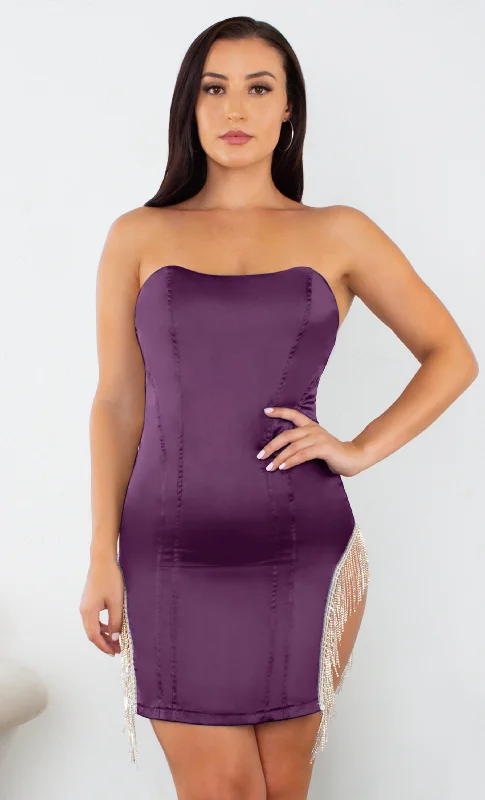 Love Me Better Purple Satin Bustier Strapless Rhinestone Cut Out Sides Fringe Bodycon Mini Dress - 2 Colors Available Elegant Vintage Mini Dress