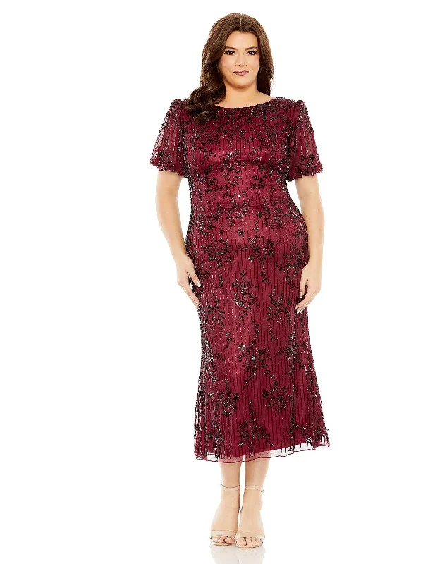 Mac Duggal 5940 Plus Size High Neck Puff Sleeve Embellished Midi Dress Comfortable Geometric Print Midi Dress