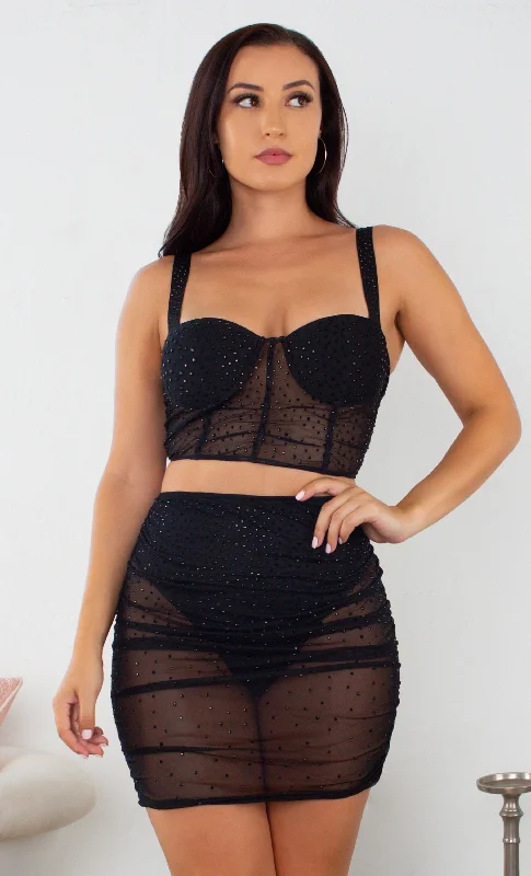 Midnight Desire Sheer Mesh Rhinestone Sleeveless V Neck Bustier Crop Top Two Piece Bodycon Mini Dress - 2 Colors Available Trendy Bodycon Mini Dress