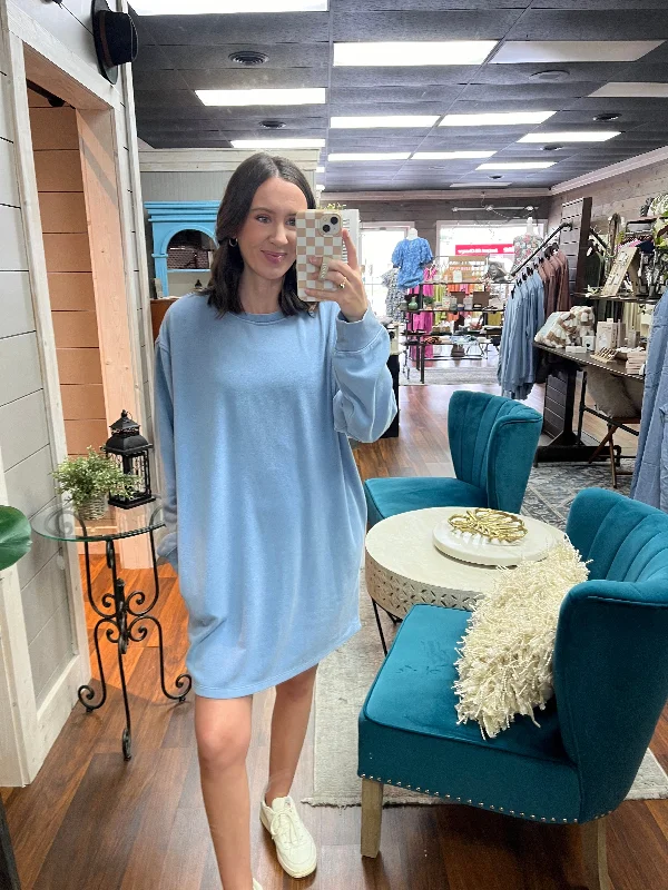 Oversized Sweatshirt Dress (Blue) Hoodie with Frayed Bohemian Relaxed