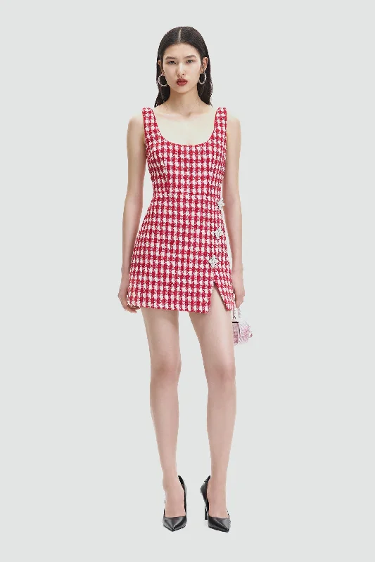 Red Check Boucle Mini Dress Chic Puff Sleeve Mini Dress