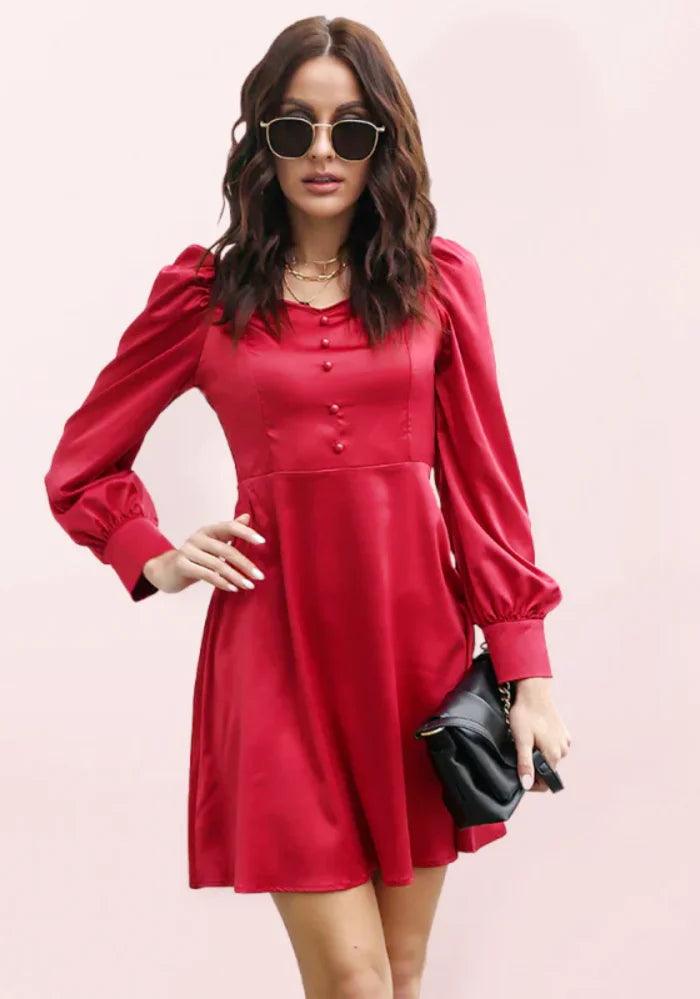 Red Satin Long Sleeve Mini Dress Stylish Button-Down Mini Dress