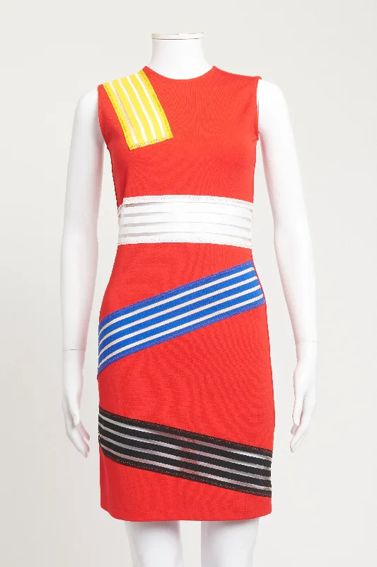 Red Stripe Colour Block Preowned Mini Dress Comfortable Ruffle Mini Dress