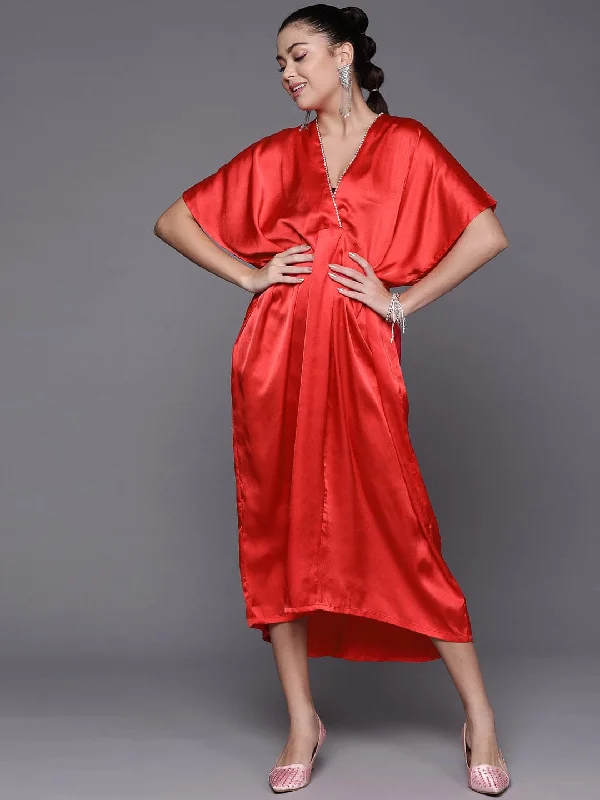 Women Red Satin Kaftan Midi Dress Trendy Smocked Detail Midi Dress