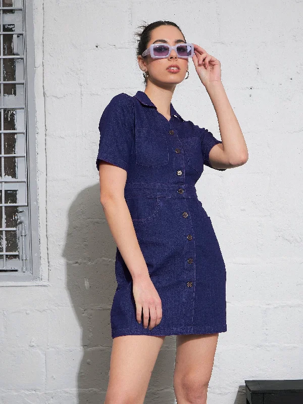 Women Navy Washed Denim Front Button Mini Dress Trendy Off-Shoulder Dress Mini