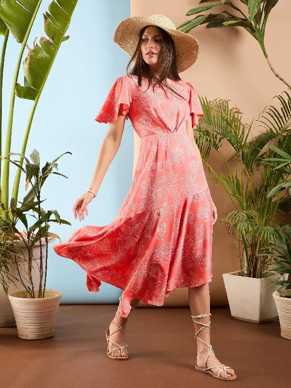 Women Peach Floral Asymmetric Hem Midi Dress Trendy Flared Sleeve Midi Dress