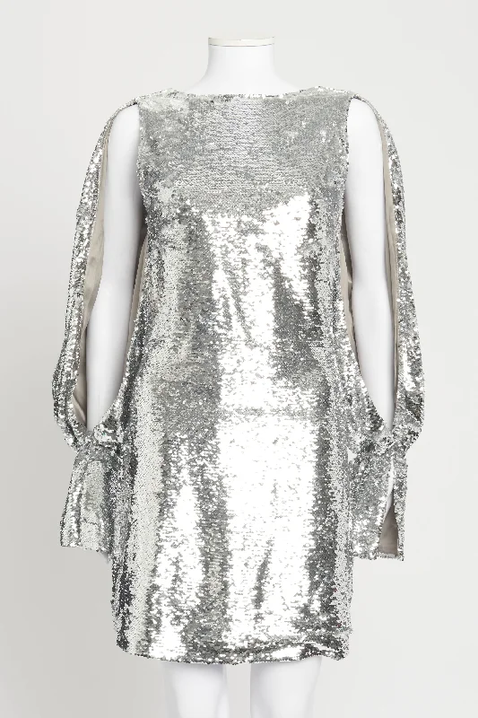 Silver Sequin Cut-Out Balloon Sleeve Preowned Mini Dress Stylish Ribbed Mini Dress