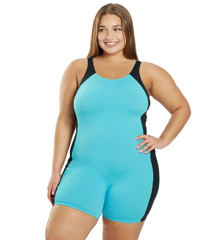 Sporti Plus Size HydroLast Chlorine Resistant Splice Scoop Back Unitard One Piece Swimsuit Aqua/Black Solid Color Swimsuit