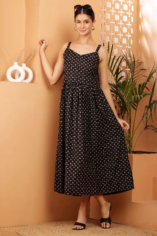 Women Black Printed Rayon Midi Dress Fashionable Off-Shoulder Dress Midi