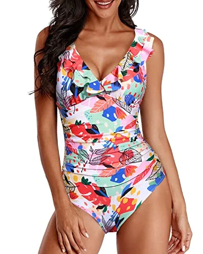 Women One Piece Swimsuits Tummy Control Ruffle V Neck Swimwear-Colorful Leaves Timeless Black Bikini Women One Piece Swimsuits Tummy Control Ruffle V Neck Swimwear-Colorful Leaves Timeless Black Bikini