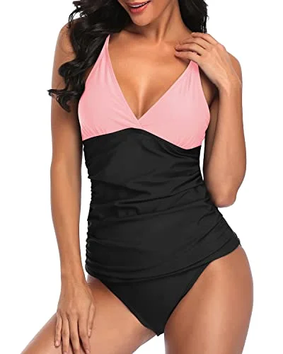 Deep V Neck Tankini Top With Swim Bottom Bathing Suits For Women-Pink And Black Adjustable Swim Top Deep V Neck Tankini Top With Swim Bottom Bathing Suits For Women-Pink And Black Adjustable Swim Top