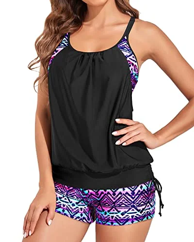 Unique Blouson Tankini Top With Tummy Control For Women-Black And Tribal Purple Modern High-Waisted Swimsuit Unique Blouson Tankini Top With Tummy Control For Women-Black And Tribal Purple Modern High-Waisted Swimsuit