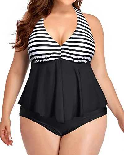 V Neck Plus Size Two Piece Swimsuits High Waisted Bathing Suits For Women-Black And White Stripe Sexy Cutout Swimsuit V Neck Plus Size Two Piece Swimsuits High Waisted Bathing Suits For Women-Black And White Stripe Sexy Cutout Swimsuit