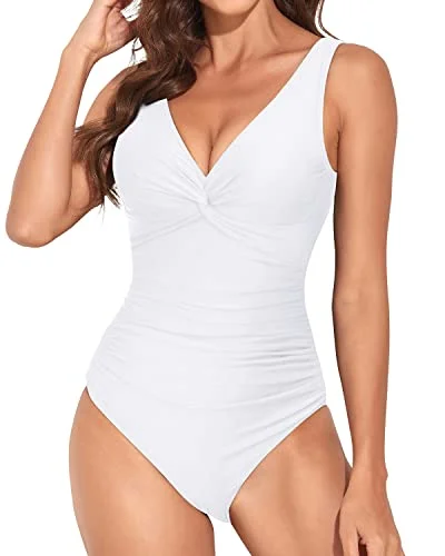 V Neck Twist Front Monokini Vintage Tummy Control Swimsuit-White Trendy Swimwear Set V Neck Twist Front Monokini Vintage Tummy Control Swimsuit-White Trendy Swimwear Set