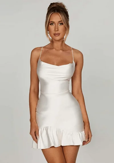 White Satin Halter Mini Dress Elegant Silk Mini Dress