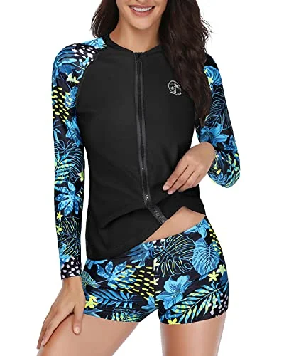 Long Sleeve Zipper Rash Guard For Women Upf 50+ Swim Shirt With Shorts-Blue Leaf Color-Block Bikini Long Sleeve Zipper Rash Guard For Women Upf 50+ Swim Shirt With Shorts-Blue Leaf Color-Block Bikini