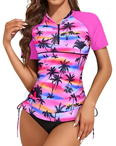 Women's Short Sleeve Swim Shirt And Bottom Rash Guard Set-Pink Palm Elegant Ruffle Swimsuit Women's Short Sleeve Swim Shirt And Bottom Rash Guard Set-Pink Palm Elegant Ruffle Swimsuit