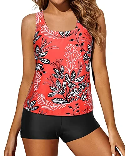 Loose Tankini Top With Tummy Control Boyshorts For Women And Moms-Red Floral Mesh Panel Swimwear Loose Tankini Top With Tummy Control Boyshorts For Women And Moms-Red Floral Mesh Panel Swimwear