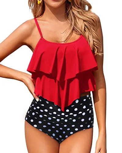 Two Piece Retro High Waisted Bikini Bottom Swimsuits For Women-Red Dot Beach Ready Swimsuit Two Piece Retro High Waisted Bikini Bottom Swimsuits For Women-Red Dot Beach Ready Swimsuit