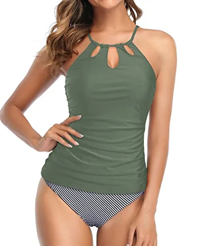 High Neck Tankini Swimsuit For Women Tummy Control Ruched Two Piece-Army Green Minimalist One-Piece High Neck Tankini Swimsuit For Women Tummy Control Ruched Two Piece-Army Green Minimalist One-Piece
