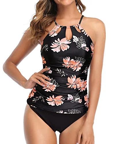 Ruched Push Up Padded Bra Tankini Swimsuit For Women-Black Orange Floral Color-Block Bikini Ruched Push Up Padded Bra Tankini Swimsuit For Women-Black Orange Floral Color-Block Bikini