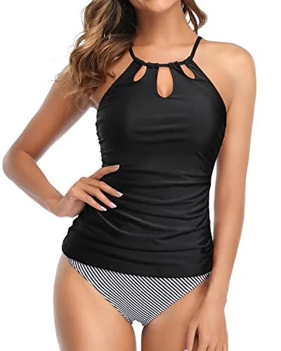 Halter Swim Tankini Top With Bikini Bottom For Women-Black Stripe Luxury Swimsuit Style Halter Swim Tankini Top With Bikini Bottom For Women-Black Stripe Luxury Swimsuit Style