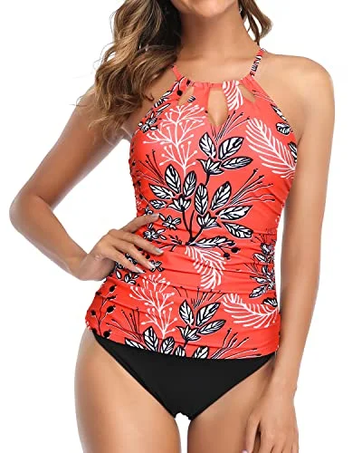 Two Piece High Neck Swim Tankini Top With Bikini Bottom-Red Floral Luxury Swimsuit Style Two Piece High Neck Swim Tankini Top With Bikini Bottom-Red Floral Luxury Swimsuit Style