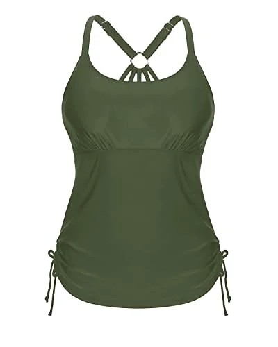 Tankini Top No Bottom Bathing Suit Tops For Women-Army Green Button-Front Swimsuit