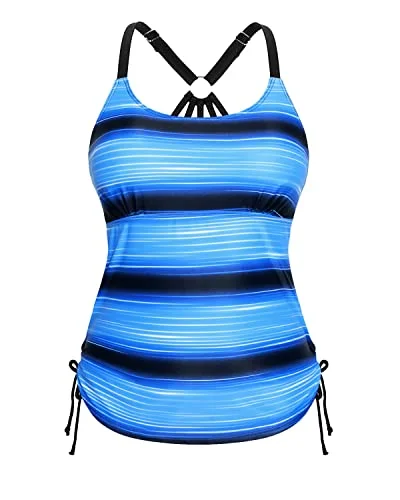 Stylish And Trendy Strappy Racerback Tankini Swim Top Only-Black And Blue Stripes Comfortable Swim Dress Stylish And Trendy Strappy Racerback Tankini Swim Top Only-Black And Blue Stripes Comfortable Swim Dress