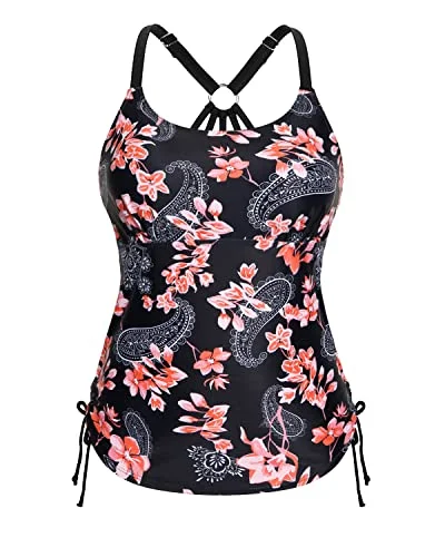 U Neck Tankini Swim Top Only With Removable Padded Bra-Black Pink Flowers Strap Bikini Set U Neck Tankini Swim Top Only With Removable Padded Bra-Black Pink Flowers Strap Bikini Set