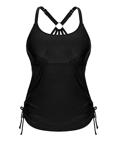 Tie Side Drawstrings Tankini Swim Top Only For Modest Coverage-Black Elegant Ruffled Bikini Tie Side Drawstrings Tankini Swim Top Only For Modest Coverage-Black Elegant Ruffled Bikini