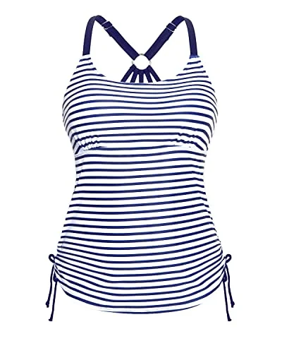 U Neck Tankini Top With Adjustable Strappy Racerback Tank Tops Women-Blue And White Stripes Adjustable Swim Top U Neck Tankini Top With Adjustable Strappy Racerback Tank Tops Women-Blue And White Stripes Adjustable Swim Top