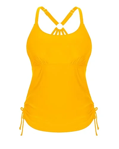 Loose Ruched Tankini Top With Tie Side Drawstrings Tank Tops Women-Yellow High-Waisted Swimwear Loose Ruched Tankini Top With Tie Side Drawstrings Tank Tops Women-Yellow High-Waisted Swimwear