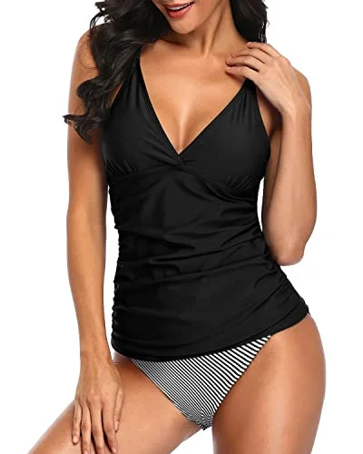 Two Piece Ruched Panel Tummy Control Swimsuits For Women-Black Stripe Chic Bikini Set Two Piece Ruched Panel Tummy Control Swimsuits For Women-Black Stripe Chic Bikini Set