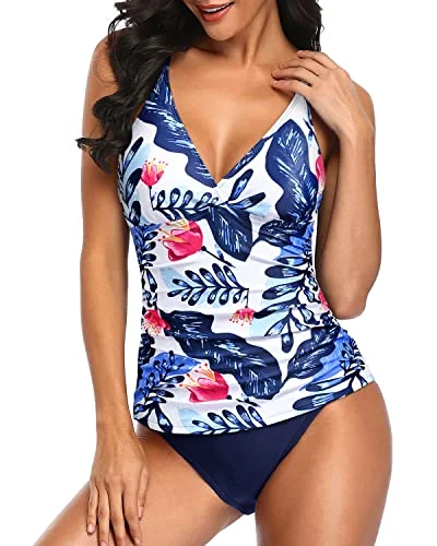 Two Piece Push Up Tankini Top Bathing Suits For Women-White And Blue Floral Vibrant Bikini Design Two Piece Push Up Tankini Top Bathing Suits For Women-White And Blue Floral Vibrant Bikini Design