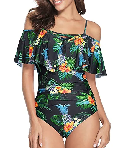 Off Shoulder Tummy Control One Piece Swimsuits For Women-Black Pineapple Mesh Panel Swimwear Off Shoulder Tummy Control One Piece Swimsuits For Women-Black Pineapple Mesh Panel Swimwear