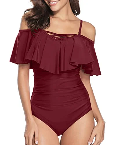 Best Vintage Ruffle Swimwear With Bathing Suits For Women-Maroon Classic Monokini Design Best Vintage Ruffle Swimwear With Bathing Suits For Women-Maroon Classic Monokini Design