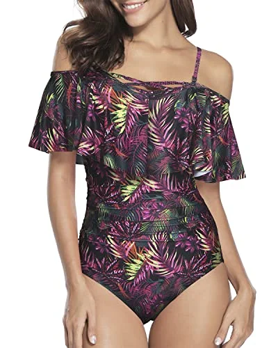 One Piece Off Shoulder Swimsuits For Women Tummy Control Bathing Suits-Purple Leaf Shiny One-Piece Swimsuit One Piece Off Shoulder Swimsuits For Women Tummy Control Bathing Suits-Purple Leaf Shiny One-Piece Swimsuit