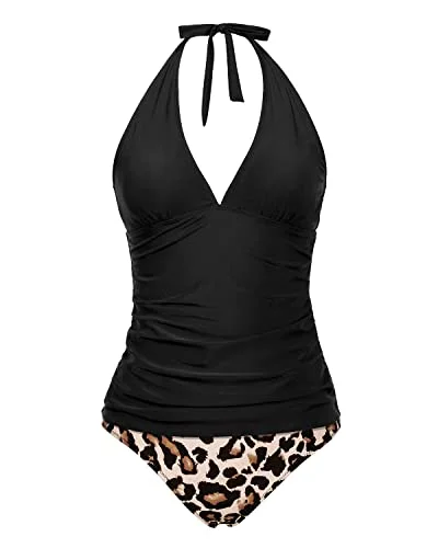 Two Piece Adjustable Self Tie Shoulder Straps Tankini Set-Black And Leopard Retro Swimwear Style Two Piece Adjustable Self Tie Shoulder Straps Tankini Set-Black And Leopard Retro Swimwear Style