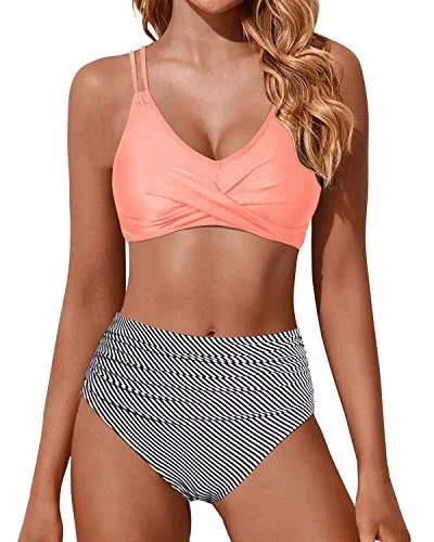 Ruched High Waisted Bikini Set Two Piece Swimsuits Push Up Wrap Swim Suits-Coral Pink Stripe Color-Block Bikini Ruched High Waisted Bikini Set Two Piece Swimsuits Push Up Wrap Swim Suits-Coral Pink Stripe Color-Block Bikini