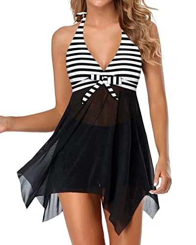 Asymmetrical V Neck Swimdress With Tummy Control Boy Shorts-Black And White Stripe Swim Dress with Belt Asymmetrical V Neck Swimdress With Tummy Control Boy Shorts-Black And White Stripe Swim Dress with Belt