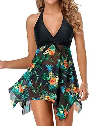 V Neck Two Piece Swimsuit For Women With Tummy Control Boy Shorts-Black Pineapple Flirty Ruffle Swimsuit V Neck Two Piece Swimsuit For Women With Tummy Control Boy Shorts-Black Pineapple Flirty Ruffle Swimsuit